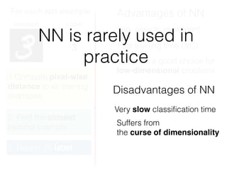 For each test example
Instance Label
3
1.Compute pixel-wise
distance to all training
examples
2. Find the closest
training example
3. Report it’s label
Advantages of NN
Disadvantages of NN
Fast training time O(C)
Very easy to implement
Very slow classiﬁcation time
Suffers from
the curse of dimensionality
Could be a good choice for
low-dimensional problems
NN is rarely used in
practice
 