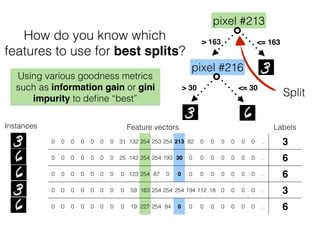 VS
Feature vectors Labels
0 0 0 0 0 0 0 31 132 254 253 254 213 82 0 0 0 0 0 0 … 3
0 0 0 0 0 0 0 25 142 254 254 193 30 0 0 0 0 0 0 0 … 6
0 0 0 0 0 0 0 0 123 254 87 0 0 0 0 0 0 0 0 0 … 6
0 0 0 0 0 0 0 0 59 163 254 254 254 194 112 18 0 0 0 0 … 3
0 0 0 0 0 0 0 0 19 227 254 84 0 0 0 0 0 0 0 0 … 6
Instances
Back to binary classiﬁcation
*for a sec
pixel #213
> 163 <= 163
pixel #216
> 30 <= 30
How do you know which
features to use for best splits?
Split
Using various goodness metrics
such as information gain or gini
impurity to deﬁne “best”
 