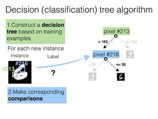 Decision (classiﬁcation) tree algorithm
pixel #213
> 163 <= 163
pixel #216
> 30 <= 30
Instance Label
?
2.Make corresponding
comparisons
1.Construct a decision
tree based on training
examples
#213
#216
For each new instance
 