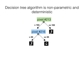 pixel #213
> 163 <= 163
pixel #216
> 30 <= 30
Decision tree algorithm is non-parametric and
deterministic
 