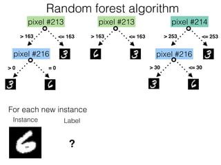 Random forest algorithm
pixel #213
> 163 <= 163
pixel #216
> 0 = 0
pixel #213
> 163 <= 163
pixel #214
> 253 <= 253
pixel #216
> 30 <= 30
Instance Label
?
For each new instance
 