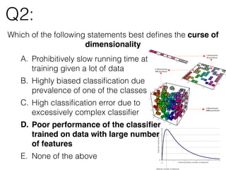 Q2:
Which of the following statements best deﬁnes the curse of
dimensionality
A. Prohibitively slow running time at
training given a lot of data
B. Highly biased classiﬁcation due
prevalence of one of the classes
C. High classiﬁcation error due to
excessively complex classiﬁer
D. Poor performance of the classiﬁer
trained on data with large number
of features
E. None of the above
 