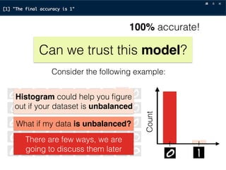 Can we trust this model?
Consider the following example:
There are few ways, we are
going to discuss them later Count
What if my data is unbalanced?
Histogram could help you ﬁgure
out if your dataset is unbalanced
100% accurate!
 