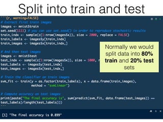 Split into train and test
Normally we would
split data into 80%
train and 20% test
sets
 