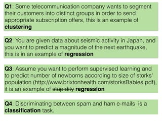 Q4: Discriminating between spam and ham e-mails is a
classiﬁcation task.
Q3: Assume you want to perform supervised learning and
to predict number of newborns according to size of storks'
population (http://www.brixtonhealth.com/storksBabies.pdf),
it is an example of stupidity regression
Q2: You are given data about seismic activity in Japan, and
you want to predict a magnitude of the next earthquake,
this is in an example of regression
Q1: Some telecommunication company wants to segment
their customers into distinct groups in order to send
appropriate subscription offers, this is an example of
clustering
 