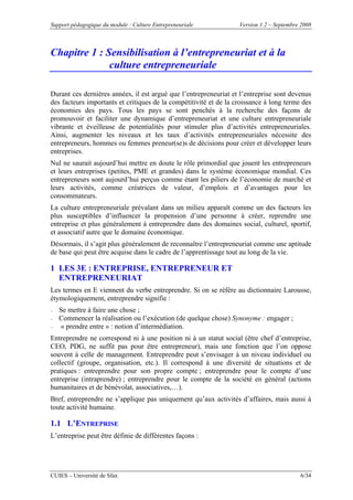 Support pédagogique du module : Culture Entrepreneuriale Version 1.2 – Septembre 2008
CUIES – Université de Sfax 6/34
Chap...