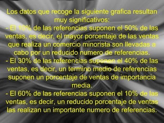 Los datos que recoge la siguiente grafica resultan
muy significativos:
- El 10% de las referencias suponen el 50% de las
ventas, es decir, el mayor porcentaje de las ventas
que realiza un comercio minorista son llevadas a
cabo por un reducido numero de referencias.
- El 30% de las referencias suponen el 40% de las
ventas, es decir, un termino medio de referencias
suponen un porcentaje de ventas de importancia
media.
- El 60% de las referencias suponen el 10% de las
ventas, es decir, un reducido porcentaje de ventas
las realizan un importante numero de referencias.
 