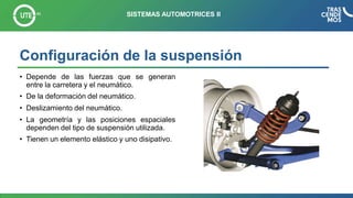 Configuración de la suspensión
• Depende de las fuerzas que se generan
entre la carretera y el neumático.
• De la deformac...