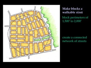 Make blocks a
walkable size:
block perimeters of
1,500’ to 2,000’
create a connected
network of streets
 
