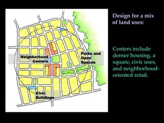 Design for a mix
of land uses:
Centers include
denser housing, a
square, civic uses,
and neighborhood-
oriented retail.
Civic
Buildings
Neighborhood
Centers
Parks and
Open
Spaces
 