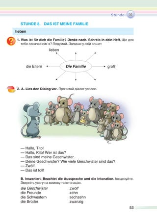 53
8
lieben
STUNDE 8. DAS IST MEINE FAMILIE
1. Was ist für dich die Familie? Denke nach. Schreib in dein Heft. Що для
тебе означає сім’я? Подумай. Запиши у свій зошит.
2. A. Lies den Dialog vor. Прочитай діалог уголос.
— Hallo, Tito!
— Hallo, Kito! Wer ist das?
— Das sind meine Geschwister.
— Deine Geschwister? Wie viele Geschwister sind das?
— Zwölf.
— Das ist toll!
B. Inszeniert. Beachtet die Aussprache und die Intonation. Інсценуйте.
Зверніть увагу на вимову та інтонацію.
die Geschwister zwölf
die Freunde zehn
die Schwestern sechzehn
die Brüder zwanzig
lieben
die Eltern großDie Familie
 