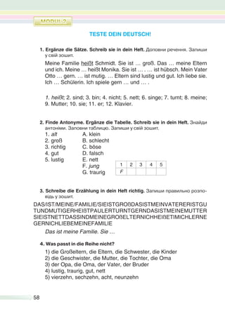 58
TESTE DEIN DEUTSCH!
1. Ergänze die Sätze. Schreib sie in dein Heft. Доповни речення. Запиши
у свій зошит.
Meine Familie heißt Schmidt. Sie ist … groß. Das … meine Eltern
und ich. Meine … heißt Monika. Sie ist … . … ist hübsch. Mein Vater
Otto … gern. … ist mutig. … Eltern sind lustig und gut. Ich liebe sie.
Ich … Schülerin. Ich spiele gern … und … .
1. heißt; 2. sind; 3. bin; 4. nicht; 5. nett; 6. singe; 7. turnt; 8. meine;
9. Mutter; 10. sie; 11. er; 12. Klavier.
2. Finde Antonyme. Ergänze die Tabelle. Schreib sie in dein Heft. Знайди
антоніми. Заповни таблицю. Запиши у свій зошит.
1. alt A. klein
2. groß B. schlecht
3. richtig C. böse
4. gut D. falsch
5. lustig E. nett
F. jung
G. traurig
3. Schreibe die Erzählung in dein Heft richtig. Запиши правильно розпо-
відь у зошит.
DAS/IST/MEINE/FAMILIE/SIEISTGROßDASISTMEINVATERERISTGU
TUNDMUTIGERHEIßTPAULERTURNTGERNDASISTMEINEMUTTER
SIEISTNETTDASSINDMEINEGROßELTERNICHHEIßETIMICHLERNE
GERNICHLIEBEMEINEFAMILIE
Das ist meine Familie. Sie …
4. Was passt in die Reihe nicht?
1) die Großeltern, die Eltern, die Schwester, die Kinder
2) die Geschwister, die Mutter, die Tochter, die Oma
3) der Opa, die Oma, der Vater, der Bruder
4) lustig, traurig, gut, nett
5) vierzehn, sechzehn, acht, neunzehn
1 2 3 4 5
F
 