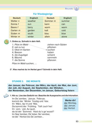 93
Für Wissbegierige
Deutsch Englisch Deutsch Englisch
Wetter n weather Sommer m summer
Sonne f sun kann can
Beere f berry warm warm
Garten m garden kalt cold
Süden m south blau blue
Winter m winter allein alone
1. Ordne zu. Schreib in dein Heft.
1. Pilze im Wald ziehen nach Süden
2. viel zu tun pflücken
3. Obst im Garten suchen
4. Beeren haben
5. die Zugvögel scheint
6. Bäume sammeln
7. die Sonne pflanzen
Pilze im Wald suchen, …
2*. Was machst du im Herbst gern? Schreib in dein Heft.
STUNDE 2. DIE MONATE
1. Hör zu. Lies das Gedicht vor. Beachte die Aussprache und die Intonation.
Im De´zember, ´Januar, ´Februar,
kommt der ´Winter ´frostig und ´klar.
Im ´März, Ap´ril und ´Mai,
Da kommt der ´Frühling. ´Toll! Juch´hei!
Im ´Juni, ´Juli, Au´gust,
da ist der ´Sommer. ´Hast du’s ge´wusst?
Im Sep´tember, Ok´tober, No´vember,
ist der ´Herbst bis De´zember…
der Januar, der Februar, der März, der April, der Mai, der Juni,
der Juli, der August, der September, der Oktober,
der November, der Dezember, im Januar, Geburtstag feiern
Merke dir!
der Montag,
der Januar,
der Herbst
2
 