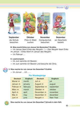 95
B. Was macht Erika von Januar bis Dezember? Erzähle.
— Im Januar feiert Erika das Neujahr. / — Das Neujahr feiert Erika
im Januar. / Erika feiert im Januar das Neujahr.
— Im Februar …
С. Lawinenspiel.
— Im Juni sammle ich Beeren.
— Im Juni sammle ich Beeren und besuche die Oma.
5. Was machst du von Januar bis Dezember? Erzähle.
— Im Januar ... ich ... .
Für Wissbegierige
Deutsch Englisch Deutsch Englisch
Monat m month Juli m juli
Januar m january August m august
Februar m february September m september
März m march Oktober m oktober
April m april November m november
Mai m may Dezember m december
Juni m june Neujahr n New Year
Was machst du von Januar bis Dezember? Schreib in dein Heft.
2
Oktober
Pilze im Wald
suchen
November
Computerclub
besuchen
Dezember
ein Geschenk
basteln
September
die Schule
besuchen
 