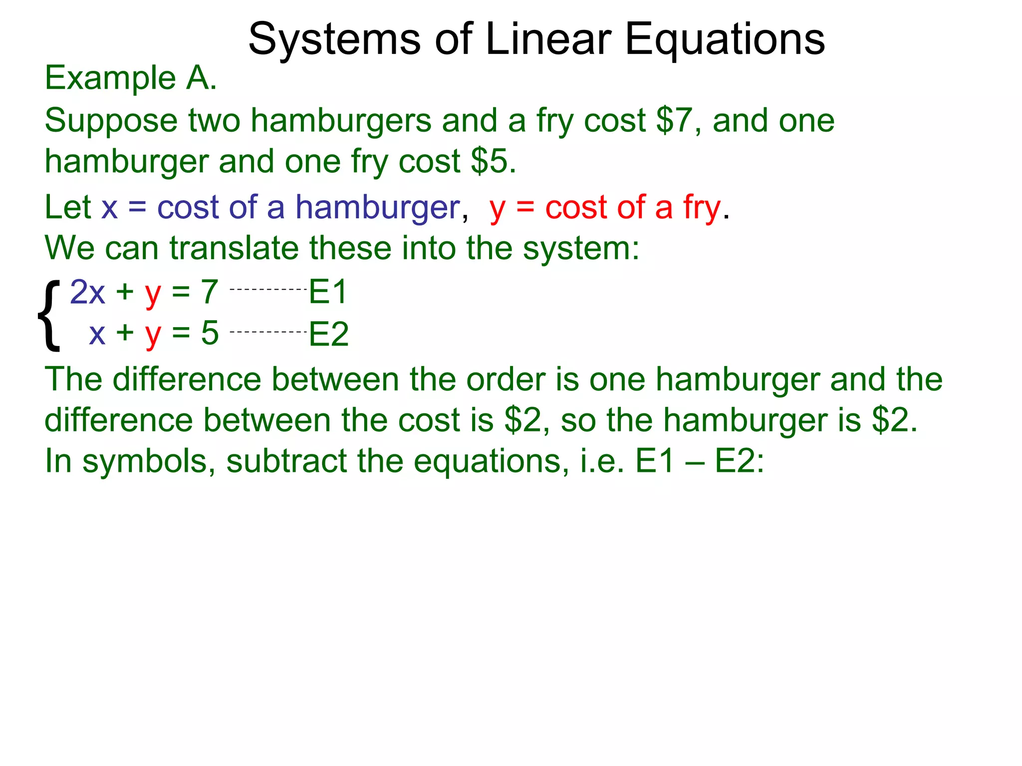 Systems of Linear Equations
Example A.
Suppose two hamburgers and a fry cost $7, and one
hamburger and one fry cost $5.
Let x = cost of a hamburger, y = cost of a fry.
We can translate these into the system:

{ 2x + y = 7
    x+y=5
                   E1
                   E2
The difference between the order is one hamburger and the
difference between the cost is $2, so the hamburger is $2.
In symbols, subtract the equations, i.e. E1 – E2:
 