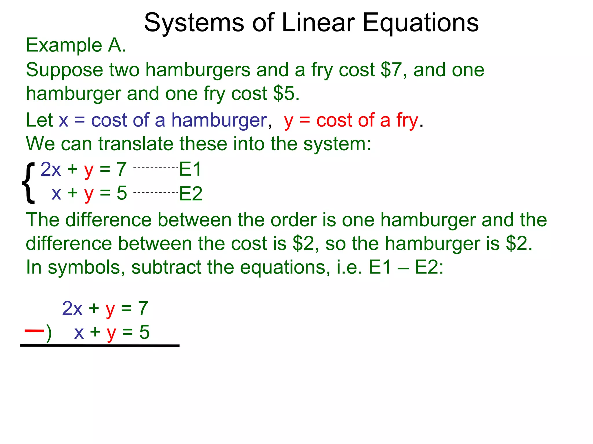 Systems of Linear Equations
Example A.
Suppose two hamburgers and a fry cost $7, and one
hamburger and one fry cost $5.
Let x = cost of a hamburger, y = cost of a fry.
We can translate these into the system:

{ 2x + y = 7
    x+y=5
                   E1
                   E2
The difference between the order is one hamburger and the
difference between the cost is $2, so the hamburger is $2.
In symbols, subtract the equations, i.e. E1 – E2:

     2x + y = 7
    ) x+y=5
 