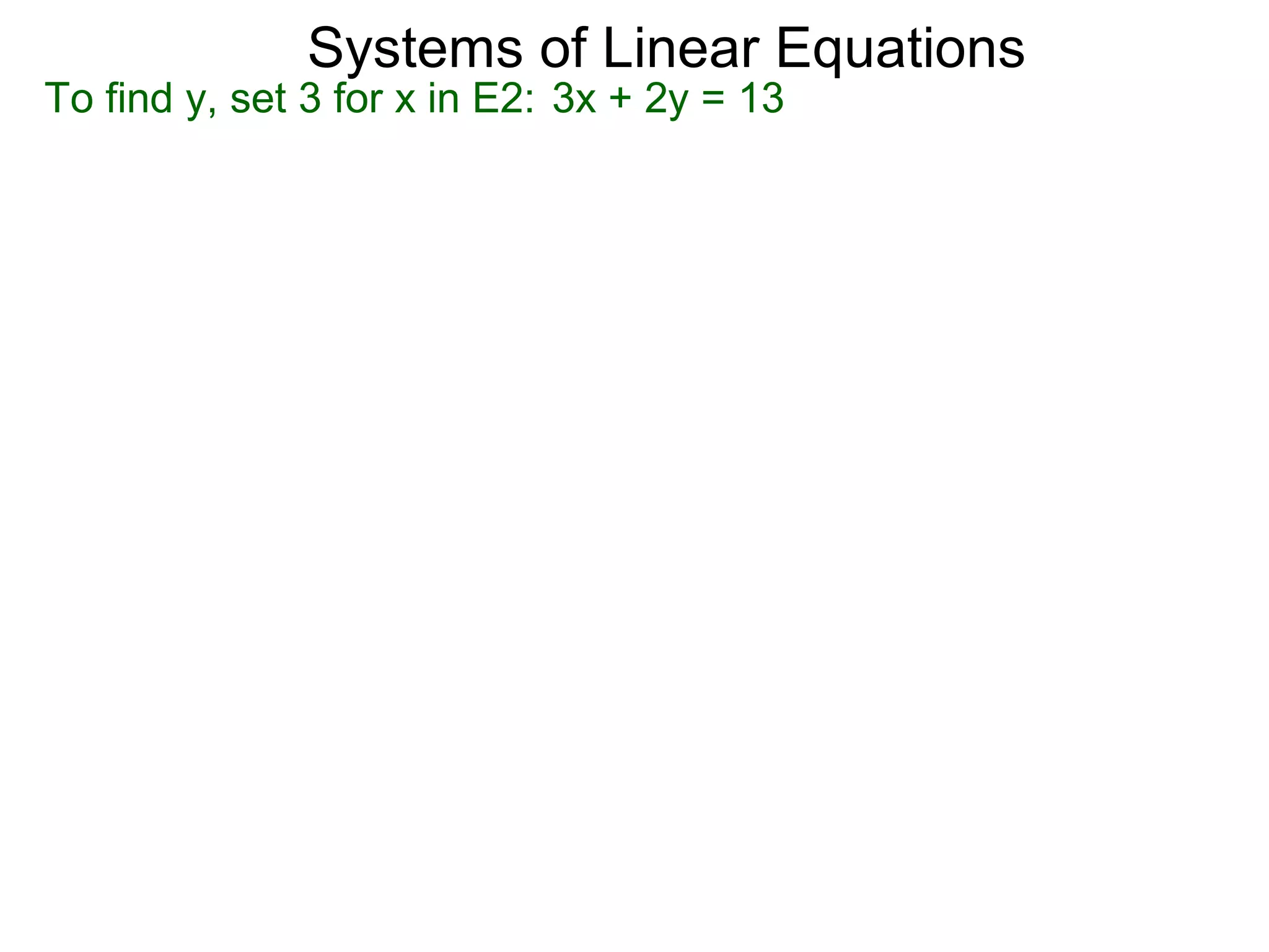Systems of Linear Equations
To find y, set 3 for x in E2: 3x + 2y = 13
 