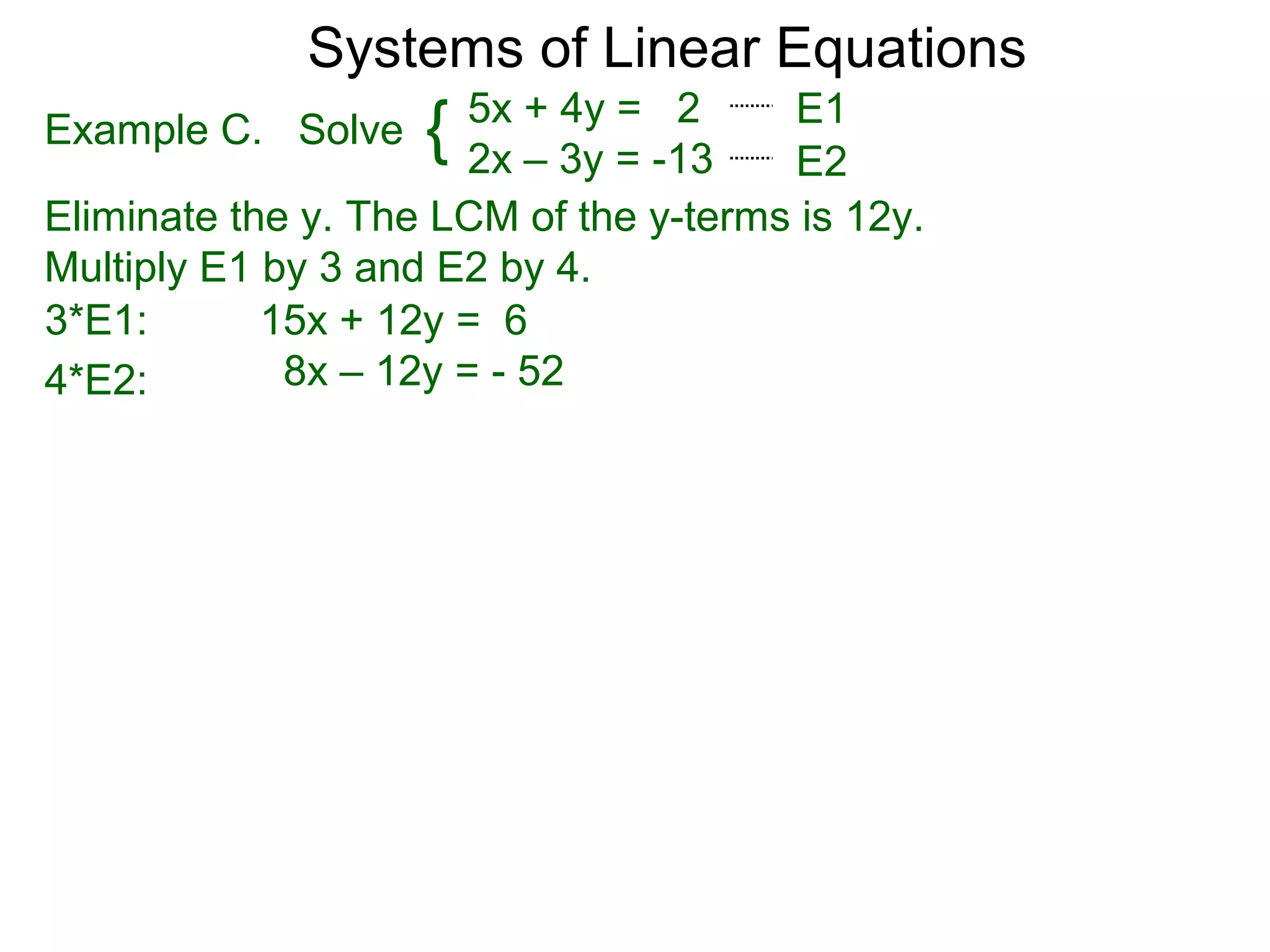Systems of Linear Equations
                       5x + 4y = 2     E1
Example C. Solve    {  2x – 3y = -13   E2
Eliminate the y. The LCM of the y-terms is 12y.
Multiply E1 by 3 and E2 by 4.
3*E1:       15x + 12y = 6
4*E2:        8x – 12y = - 52
 