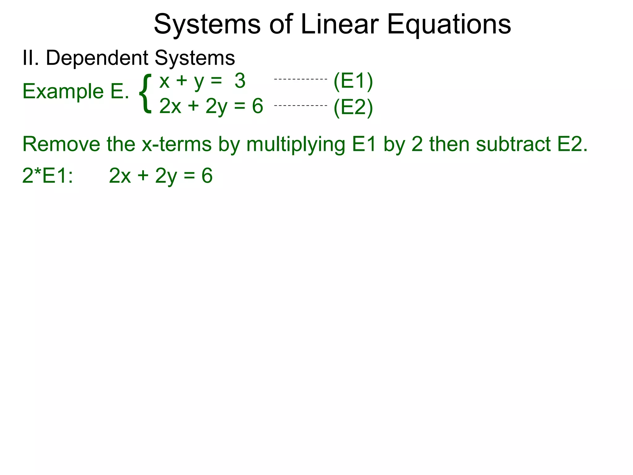 Systems of Linear Equations
II. Dependent Systems
            {
Example E. x + y = 3
              2x + 2y = 6
                                (E1)
                                (E2)
Remove the x-terms by multiplying E1 by 2 then subtract E2.
2*E1:  2x + 2y = 6
 