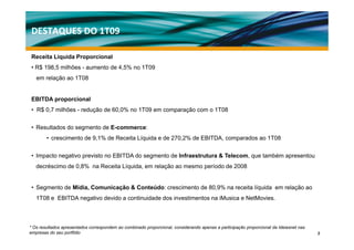 DESTAQUES DO 1T09

Receita Líquida Proporcional
• R$ 198,5 milhões - aumento de 4 5% no 1T09
     198 5                      4,5%
   em relação ao 1T08


EBITDA proporcional
• R$ 0,7 milhões - redução de 60,0% no 1T09 em comparação com o 1T08


• Resultados do segmento de E-commerce:
        • crescimento de 9,1% de Receita Líquida e de 270,2% de EBITDA, comparados ao 1T08


• Impacto negativo previsto no EBITDA do segmento de Infraestrutura & Telecom, que também apresentou
   decréscimo de 0,8% na Receita Líquida, em relação ao mesmo período de 2008


• Segmento de Mídia, Comunicação & Conteúdo: crescimento de 80,9% na receita líquida em relação ao
   1T08 e EBITDA negativo devido a continuidade dos investimentos na iMusica e NetMovies.



* Os resultados apresentados correspondem ao combinado proporcional, considerando apenas a participação proporcional da Ideiasnet nas
empresas do seu portfólio                                                                                                               2
 