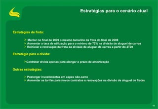 Estratégias para o cenário atual Estratégias de frota: Manter no final de 2009 o mesmo tamanho da frota do final de 2008 Aumentar a taxa de utilização para o mínimo de 72% na divisão de aluguel de carros Reiniciar a renovação da frota da divisão de aluguel de carros a partir do 2T09 Estratégia para a dívida: Contratar dívida apenas para alongar o prazo de amortização Outras estratégias: Postergar investimentos em capex não-carro Aumentar as tarifas para novos contratos e renovações na divisão de aluguel de frotas 