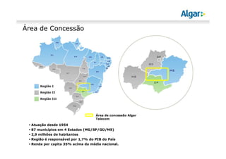 ▪ Atuação desde 1954
▪ 87 municípios em 4 Estados (MG/SP/GO/MS)
▪ 2,9 milhões de habitantes
▪ Região é responsável por 1,7% do PIB do País
▪ Renda per capita 35% acima da média nacional.
Área de concessão Algar
Telecom
Área de Concessão
 