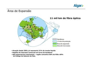 11 mil km de fibra óptica
Área de Expansão
▪ Atuação desde 2003, já representa 21% da receita líquida
▪ Regiões de interesse comercial em torno do backbone
▪ Alto potencial de crescimento – região concentra 50% do PIB e 60%
do tráfego de telecom do País.
 