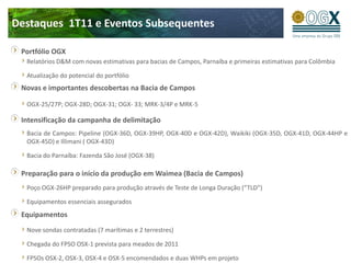 Destaques 1T11 e Eventos Subsequentes

 Portfólio OGX
  Relatórios D&M com novas estimativas para bacias de Campos, Parnaíba e primeiras estimativas para Colômbia

  Atualização do potencial do portfólio
 Novas e importantes descobertas na Bacia de Campos

  OGX-25/27P; OGX-28D; OGX-31; OGX- 33; MRK-3/4P e MRK-5

 Intensificação da campanha de delimitação
  Bacia de Campos: Pipeline (OGX-36D, OGX-39HP, OGX-40D e OGX-42D), Waikiki (OGX-35D, OGX-41D, OGX-44HP e
  OGX-45D) e Illimani ( OGX-43D)

  Bacia do Parnaíba: Fazenda São José (OGX-38)

 Preparação para o início da produção em Waimea (Bacia de Campos)
  Poço OGX-26HP preparado para produção através de Teste de Longa Duração (“TLD”)

  Equipamentos essenciais assegurados
 Equipamentos
  Nove sondas contratadas (7 marítimas e 2 terrestres)

  Chegada do FPSO OSX-1 prevista para meados de 2011

  FPSOs OSX-2, OSX-3, OSX-4 e OSX-5 encomendados e duas WHPs em projeto
 