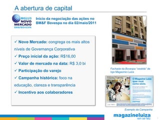 A abertura de capital
           Início da negociação das ações no
           BM&F Bovespa no dia 02/maio/2011




 Novo Mercado: congrega os mais altos
níveis de Governança Corporativa
 Preço inicial da ação: R$16,00
 Valor de mercado na data: R$ 3,0 bi
                                               Fachada da Bovespa “vestida” de
 Participação do varejo                       loja Magazine Luiza

 Campanha histórica: foco na
educação, clareza e transparência
 Incentivo aos colaboradores



                                                          Exemplo da Campanha


                                                                                 3
 