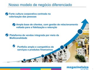 Nosso modelo de negócio diferenciado

Forte cultura corporativa centrada na
valorização das pessoas


      Ampla base de clientes, com gestão de relacionamento
      voltada para a fidelização e retenção


Plataforma de vendas integrada por meio da
Multicanalidade


       Portfolio amplo e competitivo de
       serviços e produtos financeiros




                                                             4
 