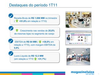 Destaques do período 1T11


  Receita Bruta de R$ 1.696 MM no trimestre
  (   +51,6% em relação a 1T10)



       Crescimento nas vendas de 25,6%
  de mesmas lojas no segmento de varejo


   EBITDA de R$ 84 MM (     +38,9% em
  relação a 1T10), com margem EBITDA de
  5,9%


  Lucro Líquido de R$ 12,3 MM
  (em relação a 1T10     +31,7%)




                                              9
 