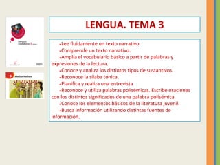 ●Lee fluidamente un texto narrativo.
●Comprende un texto narrativo.
●Amplía el vocabulario básico a partir de palabras y
e...
