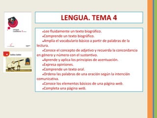 ●Lee fluidamente un texto biográfico.
●Comprende un texto biográfico.
●Amplía el vocabulario básico a partir de palabras d...