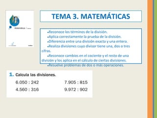TEMA 3. MATEMÁTICAS
●Reconoce los términos de la división.
●Aplica correctamente la prueba de la división.
●Diferencia ent...