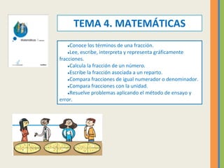 TEMA 4. MATEMÁTICAS
●Conoce los términos de una fracción.
●Lee, escribe, interpreta y representa gráficamente
fracciones.
...