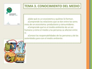 TEMA 3. CONOCIMIENTO DEL MEDIO
●Sabe qué es un ecosistema y quiénes lo forman.
●Comprende las relaciones que se dan entre ...