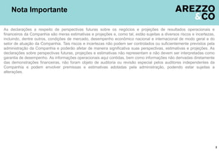 Nota Importante
As declarações a respeito de perspectivas futuras sobre os negócios e projeções de resultados operacionais e
financeiros da Companhia são meras estimativas e projeções e, como tal, estão sujeitas a diversos riscos e incertezas,
incluindo, dentre outros, condições de mercado, desempenho econômico nacional e internacional de modo geral e do
setor de atuação da Companhia. Tais riscos e incertezas não podem ser controlados ou suficientemente previstos pela
administração da Companhia e poderão afetar de maneira significativa suas perspectivas, estimativas e projeções. As
declarações sobre perspectivas futuras, projeções e estimativas não representam e não devem ser interpretadas como
garantia de desempenho. As informações operacionais aqui contidas, bem como informações não derivadas diretamente
das demonstrações financeiras, não foram objeto de auditoria ou revisão especial pelos auditores independentes da
Companhia e podem envolver premissas e estimativas adotadas pela administração, podendo estar sujeitas a
alterações.
2
 