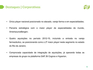 Destaques | Corporativos
5
• Único player nacional posicionado no atacado, varejo farma e em especialidades;
• Parceria estratégica com o maior player de especialidades do mundo,
AmerisourceBergen;
• Quatro aquisições no período 2012-15, incluindo a entrada no varejo
farmacêutico, se posicionando como o 2º maior player neste segmento no estado
do Rio de Janeiro;
• Comprovada capacidade de integração de aquisições, já operando todas as
empresas do grupo na plataforma SAP, BI Cognos e Hyperion.
 