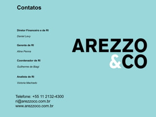 Contatos
Telefone: +55 11 2132-4300
ri@arezzoco.com.br
www.arezzoco.com.br
Daniel Levy
Aline Penna
Diretor Financeiro e de RI
Gerente de RI
Guilherme de Biagi
Coordenador de RI
Victoria Machado
Analista de RI
 