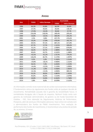 Rua Olimpíadas, 134 | 4º andar | Cj.42 | 04551-000 | Vila Olímpia | São Paulo | SP | Brasil
T (+55) 11 5508 1188 | F (+55) 11 5508 1189
5
Anexo
Ano FAMA índice Bovespa
Acumulado
FAMA índice Bovespa
1996 64,3% 63,8% 64,3% 63,8%
1997 17,7% 44,4% 93,4% 136,5%
1998 -27,9% -33,3% 39,4% 57,7%
1999 216,0% 150,9% 340,4% 295,6%
2000 14,6% -10,5% 404,9% 254,2%
2001 2,5% -9,8% 417,7% 219,6%
2002 10,2% -17,8% 470,6% 162,7%
2003 69,5% 97,1% 867,1% 417,8%
2004 67,7% 17,7% 1.521% 509,6%
2005 35,1% 27,1% 2.090% 674,6%
2006 36,4% 33,7% 2.889% 935,8%
2007 40,6% 43,7% 4.102% 1.388%
2008 -42,5% -41,2% 2.317% 774,5%
2009 118,2% 82,7% 5.173% 1.497%
2010 0,2% 1,0% 5.182% 1.514%
2011 -14,8% -18,1% 4.400% 1.222%
2012 36,5% 7,4% 6.044% 1.319%
2013 -14,4% -15,5% 5.159% 1.099%
2014 -11,3% -2,9% 4.566% 1.065%
2015 -31,5% -13,3% 3.094% 909,5%
2016 55,2% 38,9% 4.887% 1.303%
2017 45,0% 26,9% 7.133% 1.679%
2018 10,0% 15,0% 6.562% 1.748%
2019 2,8% 8,6% 8.078% 2.122%
As informações contidas neste material são de caráter exclusivamente informativo.
É fundamental a leitura do regulamento dos fundos antes de qualquer decisão de
investimento. Rentabilidade passada não é garantia de rentabilidade futura. A
rentabilidade divulgada não é líquida de impostos. Nenhum fundo conta com
garantia da instituição administradora, da gestora ou do Fundo Garantidor de
Créditos - FGC. Para obtenção do Regulamento, Histórico de Performance,
Prospecto, além de eventuais informações adicionais, favor entrar em contato com
a administradora dos fundos da FAMA Investimentos. Para avaliação de
performance dos fundos de investimento, é recomendável uma análise de período
de, no mínimo, 12 meses.
 