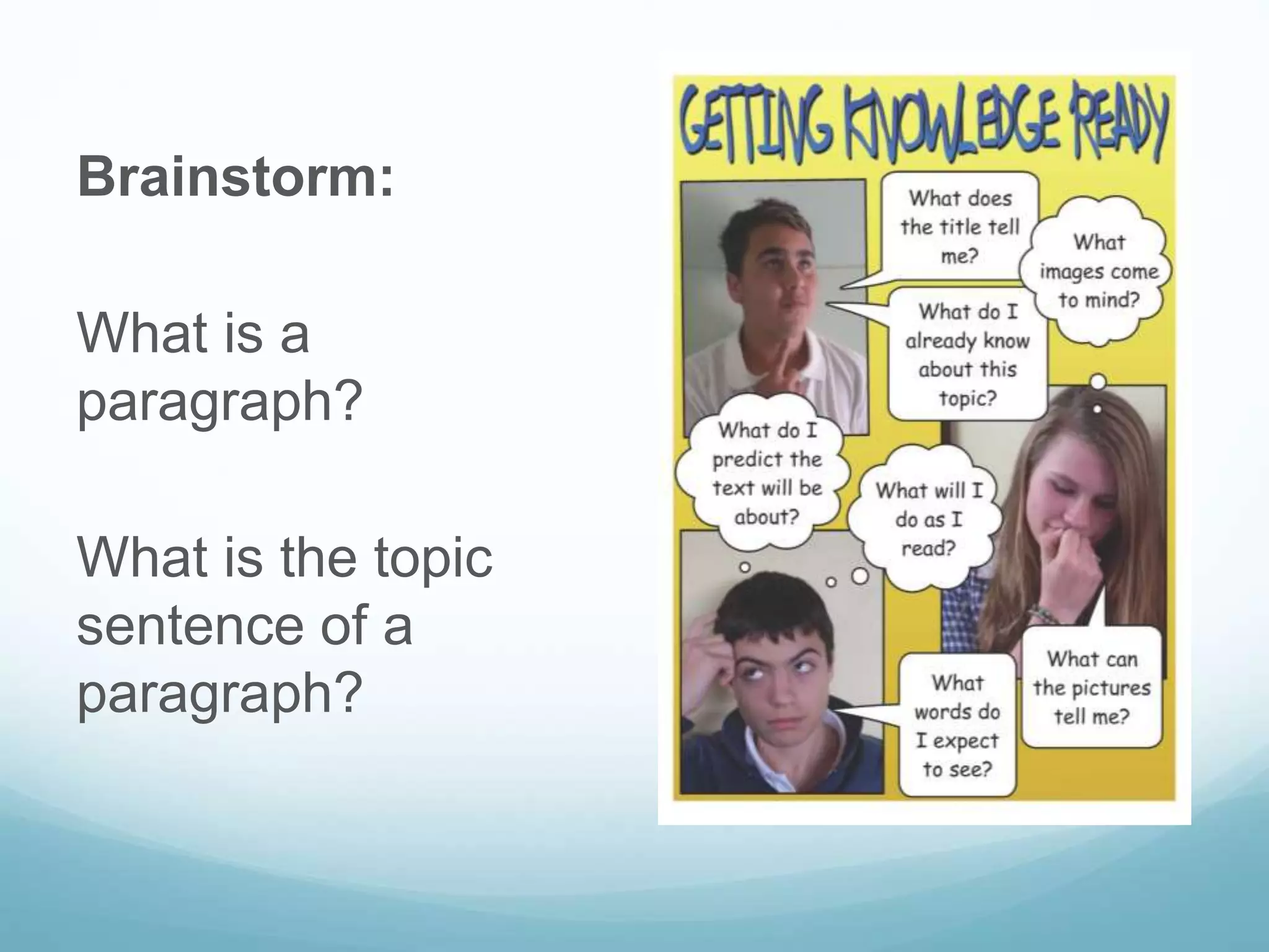 Brainstorm: 
What is a 
paragraph? 
What is the topic 
sentence of a 
paragraph? 
 