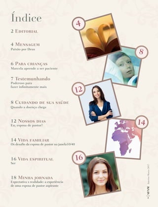 3
AF
AM
Janeiro-Março
2017
14
4
16
8
4
12
Índice
2 Editorial
4 Mensagem
Paixão por Deus
6 Para crianças
Marcela aprende a ser paciente
7 Testemunhando
Poderoso para
fazer infinitamente mais
8 Cuidando de sua saúde
Quando a doença chega
12 Nossos dias
Eu, esposa de pastor?
14 Vida familiar
Os desafio da esposa de pastor na janela10/40
16 Vida espiritual
Ser
18 Minha jornada
Expectativa x realidade: a experiência
de uma esposa de pastor aspirante
 