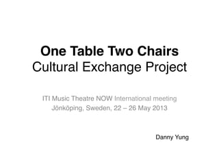 One Table Two Chairs 
Cultural Exchange Project 
ITI Music Theatre NOW International meeting!
Jönköping, Sweden, 22 – 26 May 2013
Danny Yung
 