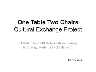 One Table Two Chairs
Cultural Exchange Project
ITI Music Theatre NOW International meeting
Jönköping, Sweden, 22 – 26 May 2013
Danny Yung
 