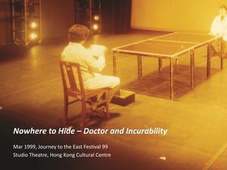 Nowhere to Hide – Doctor and Incurability
Mar 1999, Journey to the East Festival 99
Studio Theatre, Hong Kong Cultural Centre
 