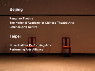 Beijing
Penghao Theatre
The National Academy of Chinese Theatre Arts
Balance Arts Centre
Taipei
Novel Hall for Performing Arts
Performing Arts Alliance
 