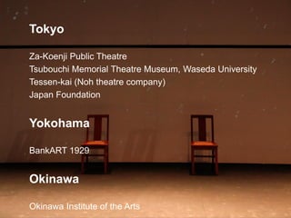 Tokyo
Za-Koenji Public Theatre
Tsubouchi Memorial Theatre Museum, Waseda University
Tessen-kai (Noh theatre company)
Japan Foundation
Yokohama
BankART 1929
Okinawa
Okinawa Institute of the Arts
 