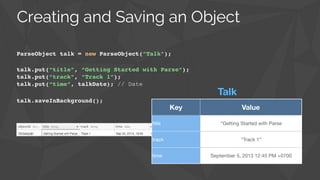 talk.saveInBackground();
talk.put(“title”, “Getting Started with Parse”);!
talk.put(“track”, “Track 1”);!
talk.put(“time”, talkDate); // Date
ParseObject talk = new ParseObject(”Talk”);
Key Value
title “Getting Started with Parse
track “Track 1”
time September 5, 2013 12:45 PM +0700
Talk
Creating and Saving an Object
 