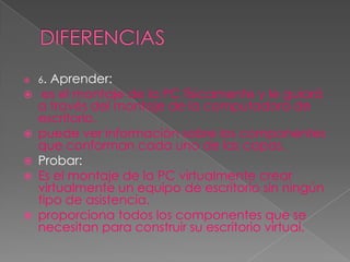 DIFERENCIAS6. Aprender: es el montaje de la PC físicamente y le guiará a través del montaje de la computadora de escritorio.puede ver información sobre los componentes que conforman cada uno de las capas.Probar: Es el montaje de la PC virtualmente crear virtualmente un equipo de escritorio sin ningún tipo de asistencia.proporciona todos los componentes que se necesitan para construir su escritorio virtual.