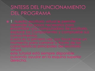 SINTESIS DEL FUNCIONAMIENTO DEL PROGRAMA1. nuestro escritorio virtual le permite aprender los pasos necesarios para ensamblar una computadora de escritorio, explorar los Componentes y compruebe sus conocimientos.si esta es la primera vez, por favor tome un momento para caminar a través de las características principales del escritorio virtual.este tutorial está siempre disponible pulsando ayudar en la esquina superior derecha.